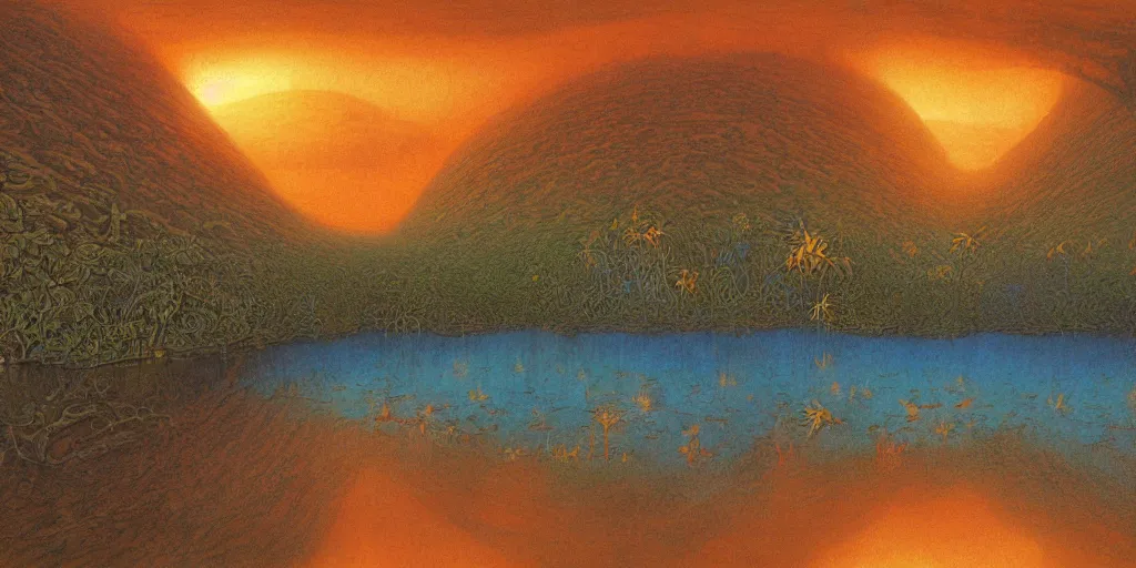 Prompt: Artwork by John Howe of the cinematic view of Jojunan, a breathtaking plane of jungles of blue tentacles, radioactive lakes, and desert valleys, lit by a warm orange twilight.