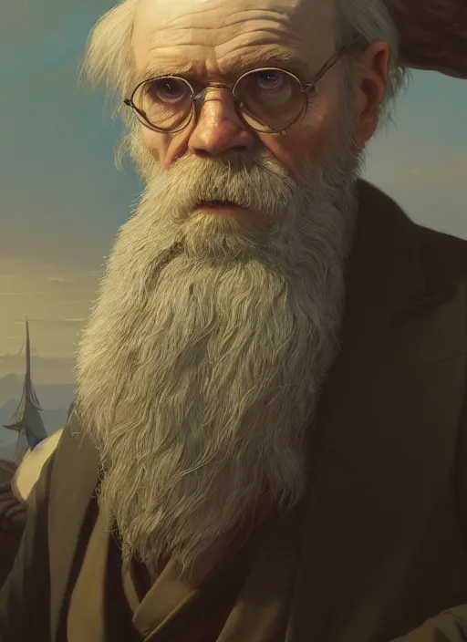 Image similar to highly detailed portrait charles darwin in gta v, stephen bliss, unreal engine, fantasy art by greg rutkowski, loish, rhads, ferdinand knab, makoto shinkai and lois van baarle, ilya kuvshinov, rossdraws, tom bagshaw, global illumination, radiant light, detailed and intricate environment