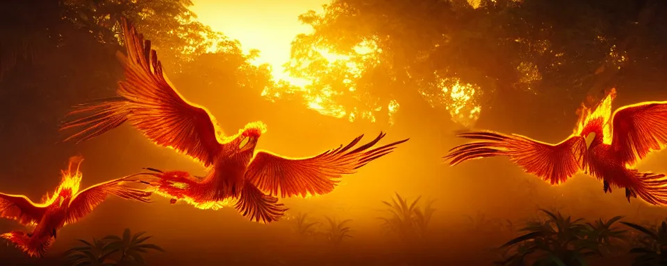 Prompt: flock of fiery golden phoenix birds in tropical forest, insanely detailed, digital art, photorealistic, wimmelbilder, unreal engine 5, dynamic lighting, raytracing effects, 1 6 k