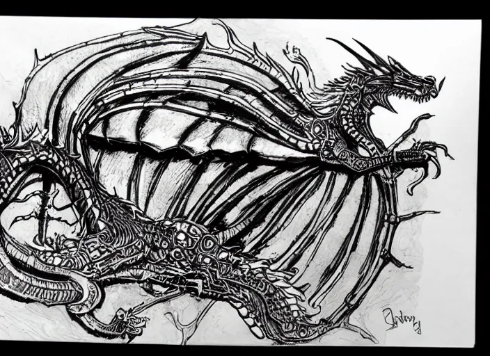 Image similar to pen and ink sketch, steam punk dragon