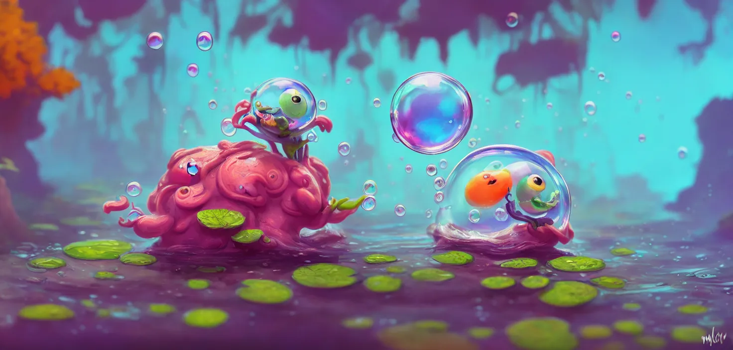 Prompt: colourful murky nature with cute bubble funny face appearing from the flowers in water, in the style of craola, shallow depth of field, highly detailed, digital painting, trending artstation, concept art, illustration, cinematic lighting, vibrant colors, photorealism, epic, octane render