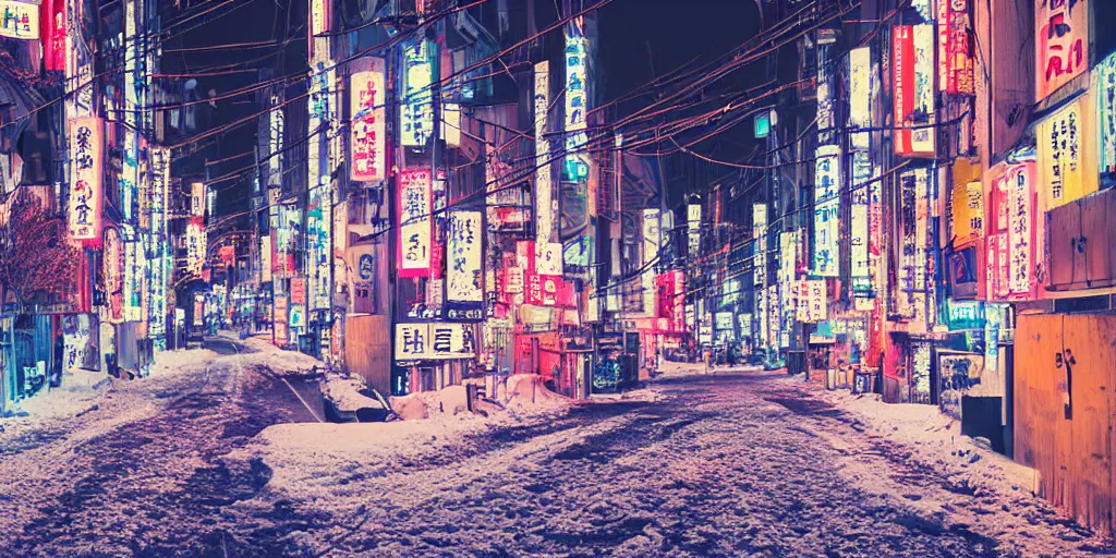 Prompt: a city street at night, snowing, photograph, cyberpunk, sharp focus, intricate detail, drone shot, high resolution, 8k, neon streetlights, wires hanging down everywhere, Japan, colourful, streets filled with cats