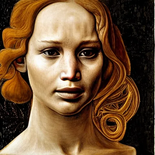 Image similar to jennifer lawrence as gollum, elegant portrait by sandro botticelli, detailed, symmetrical, intricate