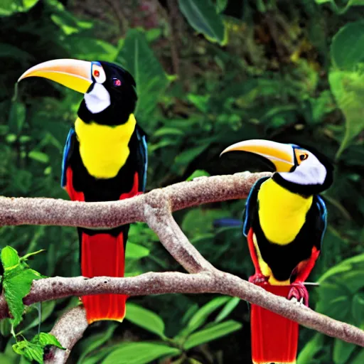 Image similar to white - breasted toucans ( ramphastos tucanus ) of gummy, lemon flavor with strawberry, cherry and orange stripes on the beak.