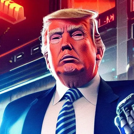 Prompt: donald trump in cyberpunk 2 0 7 7 as an evil corporation leader, technological, movie footage, high - tech, still frame