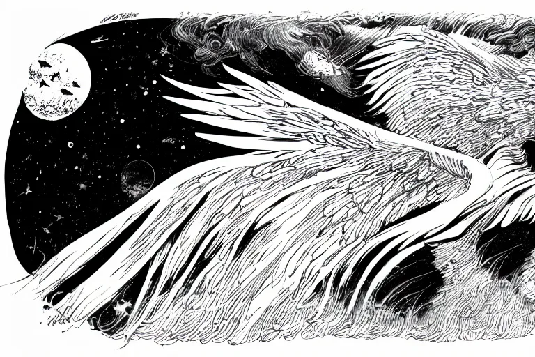 Prompt: angelic majestic winged lioness flying in outer space, black and white ink on paper, thick thick thick outlines, 8k high quality detailed art, trending on art station, super wide angel, manga art, by Eiichiro Oda