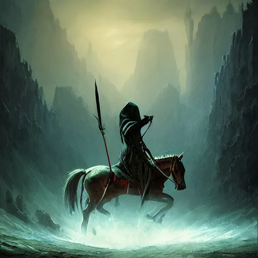 Image similar to ''cinematic shot'' a dark hooded mage on a horse riding to the battle leading his army of undead casper david friedrich raphael lacoste vladimir kush leis royo volumetric light effect broad light oil painting painting fantasy art style sci - fi art style realism artwork unreal engine