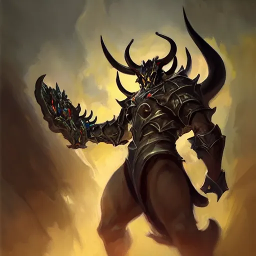 Image similar to Greg Manchess portrait painting of a large-horned demonic, devil armored character from league of legends, medium shot, asymmetrical, profile picture, Organic Painting, sunny day, Matte Painting, bold shapes, hard edges, street art, trending on artstation, by Huang Guangjian and Gil Elvgren and Sachin Teng