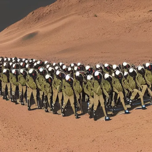 Prompt: professional photo of martian marines on parade in mariner valley on mars in the year 3 0 0 0