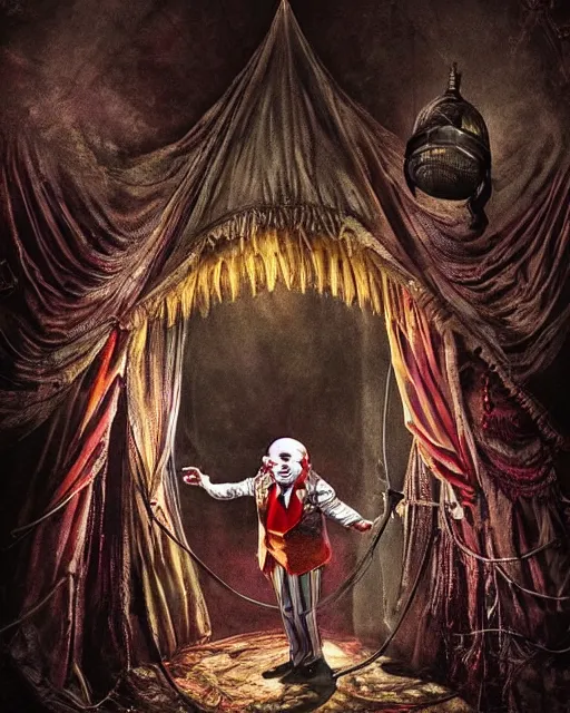 Prompt: the little circus of horrors, circus tent, clown standing at the entrance, creepy, hyper realistic, ambient lighting, horror art, intricate, hyper detailed, smooth