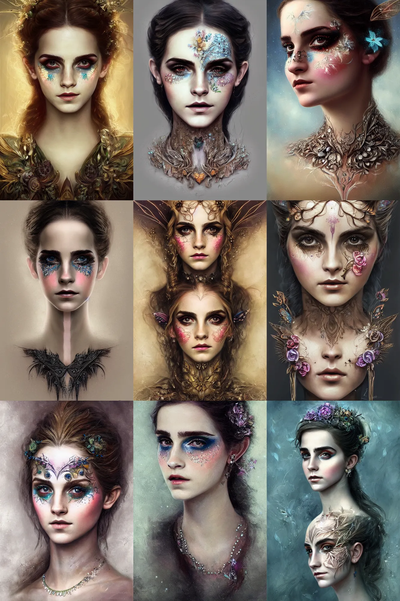 Prompt: portrait of a fairy, symmetric, facepaint facepaint facepaint, intricate jewelry, trending on artstation 4 k, in the style of karol bak and tom bagshaw, bust with face of emma watson, surprised
