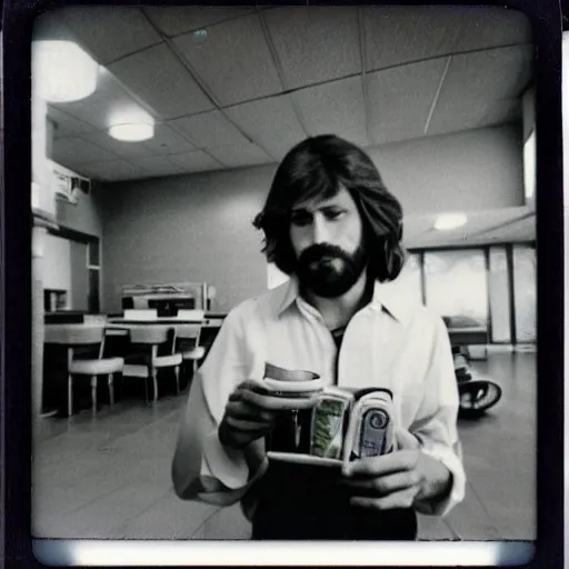 Image similar to jesus taking a lunch break at his day shift at mcdonald ’ s circa 1 9 8 0, polaroid image