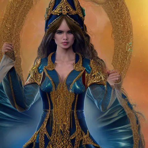 Image similar to a beautiful female fantasy wizard dressed in ornate robes wearing sparkling gold jewelry, 4 k, detailed