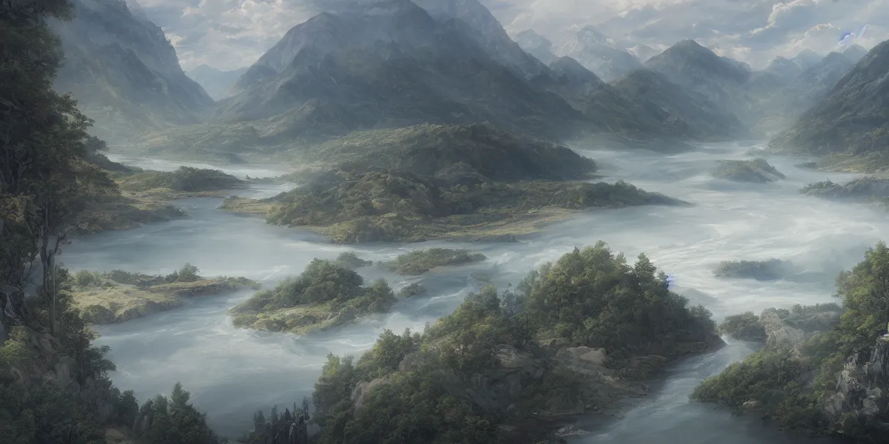 Image similar to a beautiful painting of a scene about a panorama of rivers and mountains, by yuumei and james jean, trending on artstation., ultrawide viewn and highly detailed matte painting