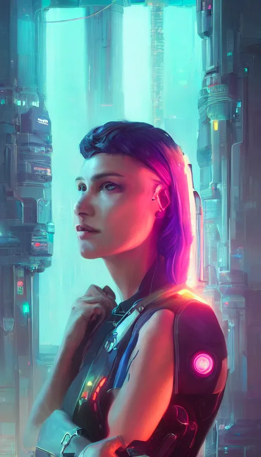 Image similar to a portrait of a beautiful cyberpunk woman with augmentations, neon reflections, by mandy jurgens, highly detailed, HD, oil on canvas