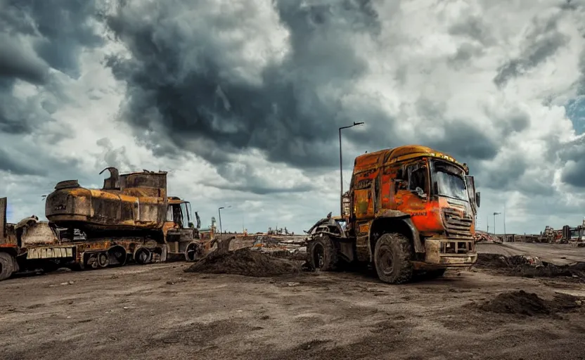 Image similar to an immense derelict monster truck cement mixer construction vehicle with tank turret and demolition ball in front of a road construction site, dystopian, imax, dramatic clouds, muted colors