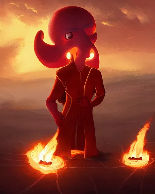 Image similar to longnose squidward wearing fire nation clothing and practicing firebending outside at susnset, [ greg rutkowski ]