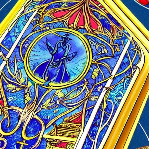 Image similar to Arcane Tarot, frame intricated, vivid colors, detailed decorative flourishes, symmetrical centered