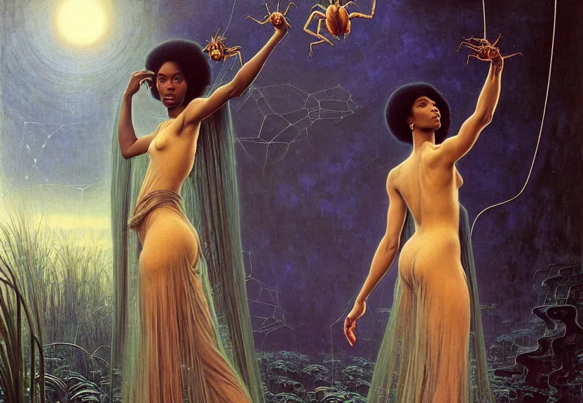 Prompt: realistic detailed portrait movie shot of a beautiful black woman in a transparent sheer dress raincoat dancing with a giant spider, futuristic sci fi landscape background by denis villeneuve, jean delville, monia merlo, ernst haeckel, alphonse mucha, max ernst, caravaggio, roger dean, sci fi necklace, masterpiece, dreamy, rich moody colours