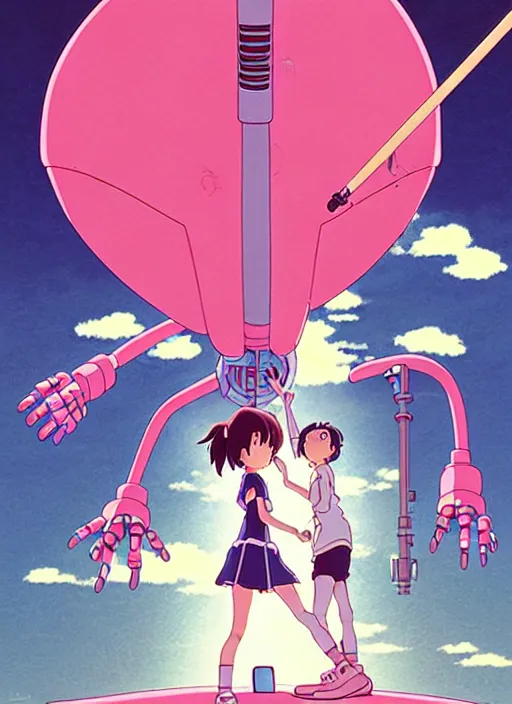Prompt: a movie poster for a studio Ghibli film based on the song Yoshimi battles the pink robots, part 1. by the band the flaming lips; artwork by Hiyao Miyazaki and studio Ghibli; a Japanese girl is fighting a gigantic evil Pink Robot in an alley in Tokyo; incredibly detailed artwork by James jean, Phil noto, Jon Foster, studio Ghibli