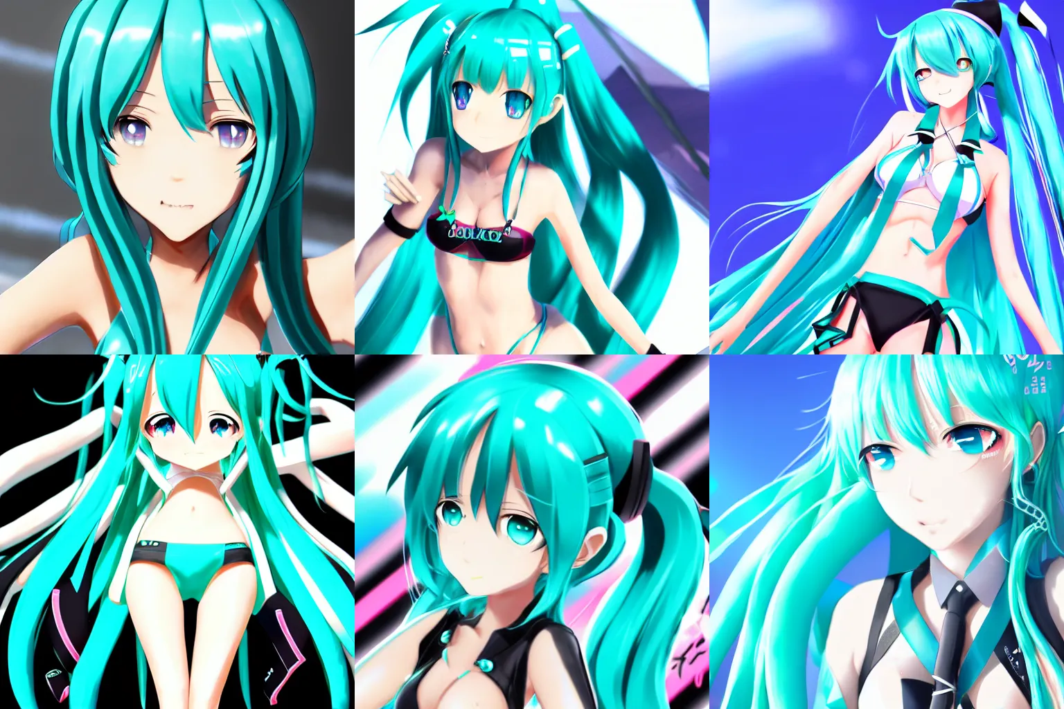 Prompt: Hatsune Miku wearing bikini, 4k resolution, highly detailed, artstation, very sharp, epic, anime pixiv