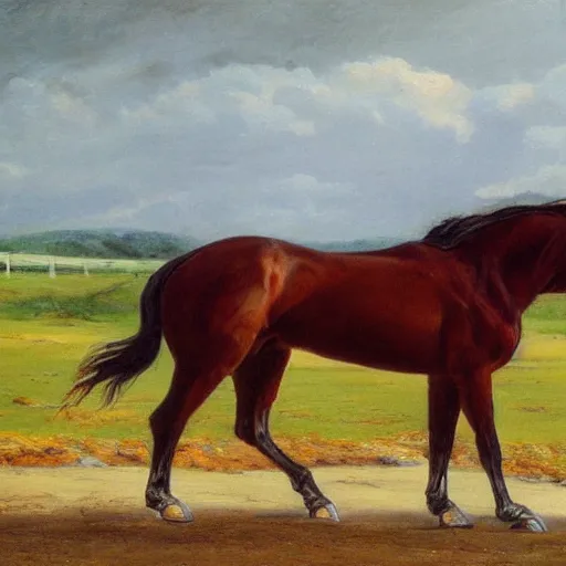 Image similar to a wide angle shot of a horse walking slowly. the scene is detailed and beautiful. the masterpiece painting uses a limited palette of colors, which are applied in a direct and expressive manner. the appearance is flat, with a two - dimensional quality. the composition is rhythmic.