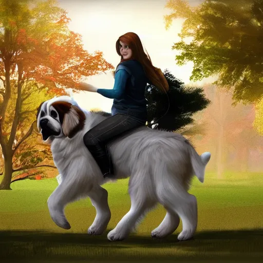 Image similar to girl riding giant saint Bernard in the park, trending on artstation