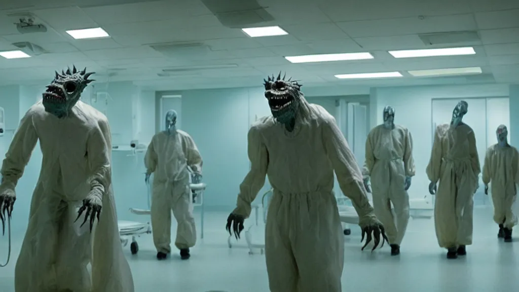Image similar to monsters invade the hospital, film still from the movie directed by denis villeneuve and david cronenberg with art direction by salvador dali