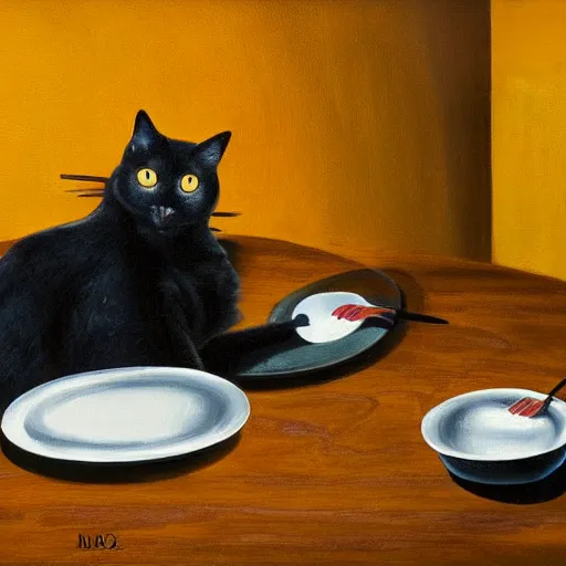 Image similar to a black cat with yellow eyes sitting at the table, eating a plate of mice using a knife and a fork, matte painting, photorealistic, oil painting, illustration