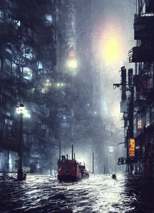 Image similar to dramatic Photorealistic, Matte Painting of a tug boat with bright head lights exploring a busy post apocalyptic deep flooded Hong Kong city street at night,dark Tall buildings by Greg Rutkowski,Craig Mullins,Hyperrealism,Beautiful dramatic moody lighting,Cinematic Atmosphere,volumetric,Octane Rendering,8K