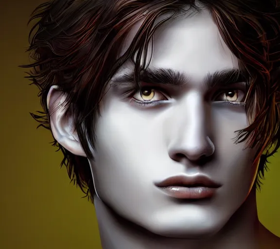 Image similar to extremely beautiful young man with hyperealistic eyes, digital art, vivid background, seductive.