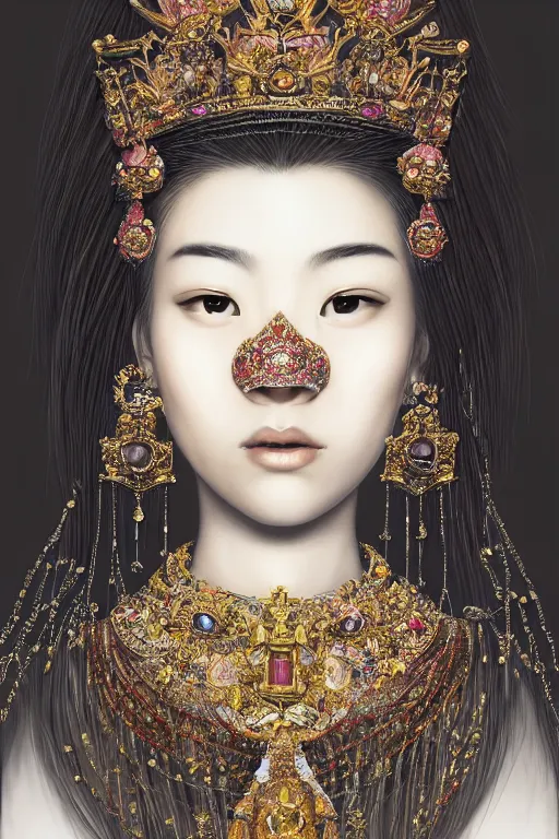 Prompt: beautiful very detailed portrait of Marin Kitagawa with lots of jewelry in the face, full body, in the background there is a minimalistic palace, digital art , dramatic cinematic lighting rendered by octane, 8k, detailed, intricate, clean and textures, trending on artstation, treanding on deviantart, trending on cgsociety, pinterest, by Lauren Brevner + FRANS SMIT