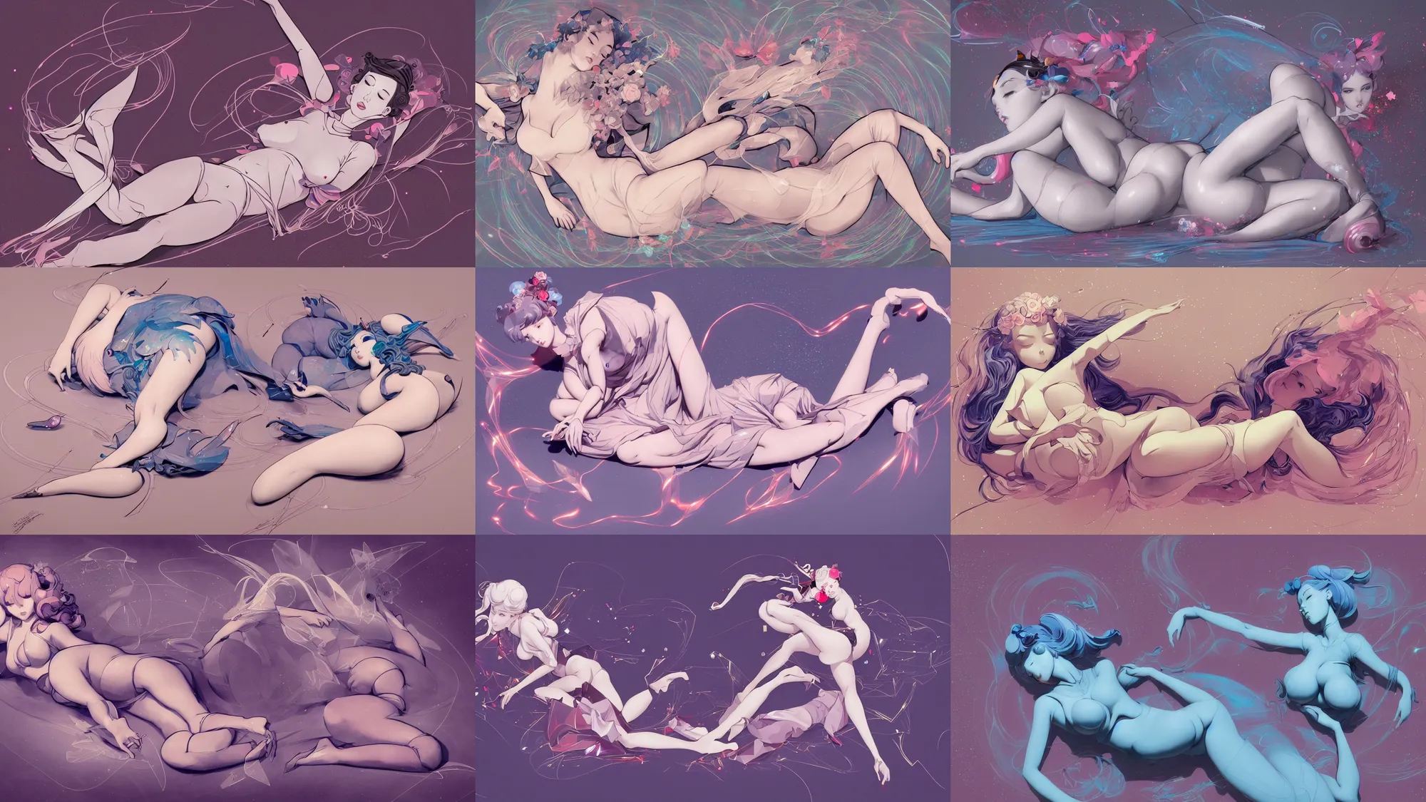 Prompt: james jean isolated vinyl figure voluptuous magical girl character design, lying down appealing pose, figure photography, dynamic pose, holographic undertones, motion shapes color design, glitter accents on figure, anime stylized, sharp focus, accurate fictional proportions, high delicate defined details, ethereal lighting
