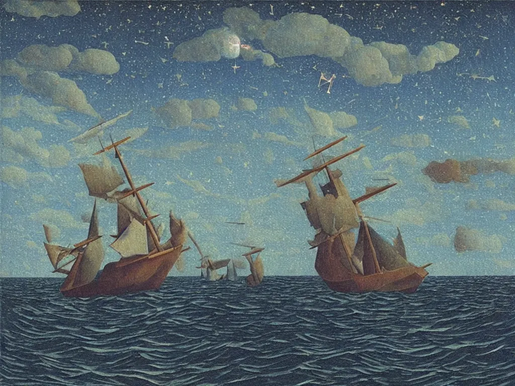 Prompt: wooden ship on the dark sea with meteor showers. painting by bosch, rene magritte