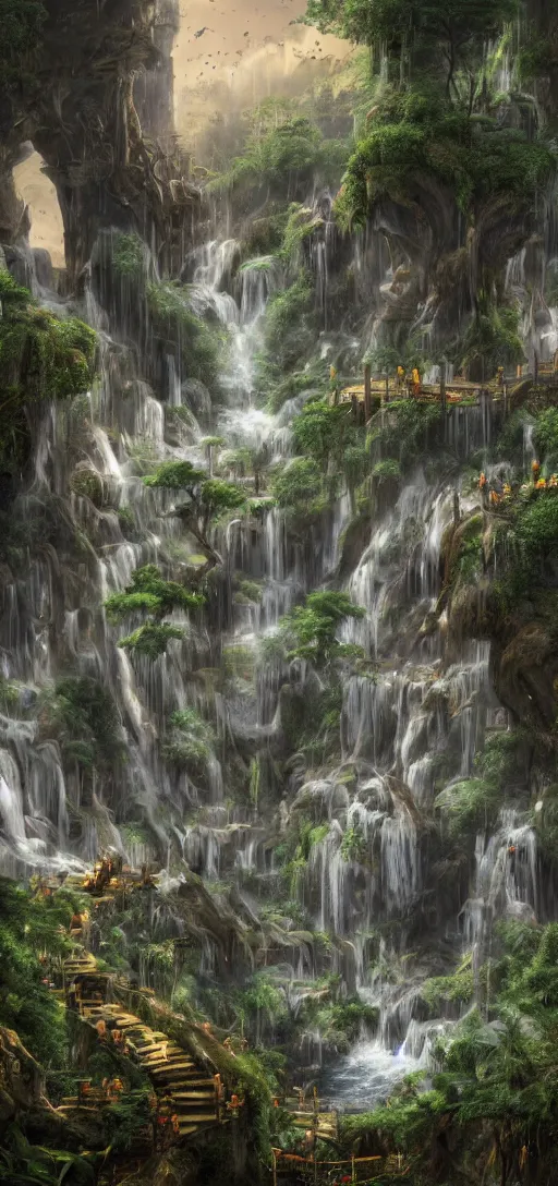 Image similar to a wooden elven City with golden roofs, with arches and bridges on top of a WATERFALL in the fall , gnarly trees, lush vegetation, forrest, a small stream runs beneath the waterfall, landscape, raphael lacoste, eddie mendoza, alex ross, concept art, matte painting, highly detailed, rule of thirds, dynamic lighting, cinematic, detailed, denoised, centerd