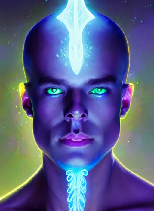 Prompt: a male faceless glowing liquefied stardust adventurer, dnd fantasy character, full body portrait, glowing neon skin, magical aura, ultra realistic, intricate, elegant, highly detailed, digital painting, artstation, smooth, sharp, focus, illustration, art by artgerm and greg rutkowski and alphonse mucha and alex grey