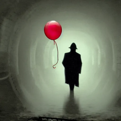 Prompt: down in the sewers of london, dark damp atmosphere, water dripping from the moss covered ceiling, a sinister dark figure is standing at the end of the sewer, a single red balloon with a string attached is floating above the water