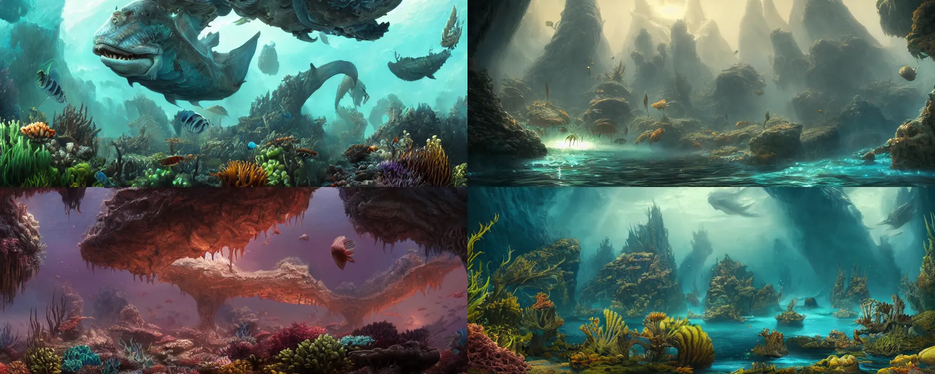 Prompt: a beautiful detailed matte painting of underwater creature world landscape by aertsen pieter, by alejandro burdisio, by greg tocchini, renaissance, dynamic lighting, bioluminescence, cinematic, vibrant, clean, ultra detailed, sharp, digital detailed environment, octane render, cgsociety, 8 k hdr, artstation