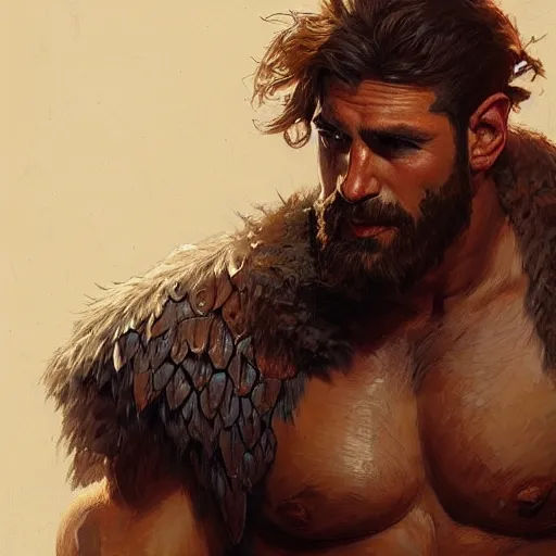 Image similar to portrait of a young rugged male barbarian, handsome, upper body, hairy torso!!!, D&D, muscular, fantasy, intricate, elegant, highly detailed, digital painting, artstation, concept art, smooth, sharp focus, illustration, art by artgerm and greg rutkowski and alphonse mucha