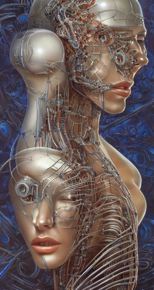 Prompt: a robotic goddess with transparent skin, robotic a fine wiring skeleton, highly detailed, digital painting, smooth, sharp, beautiful face, expressive eyes, highly intricate, art by Boris Vallejo and H.R. Giger