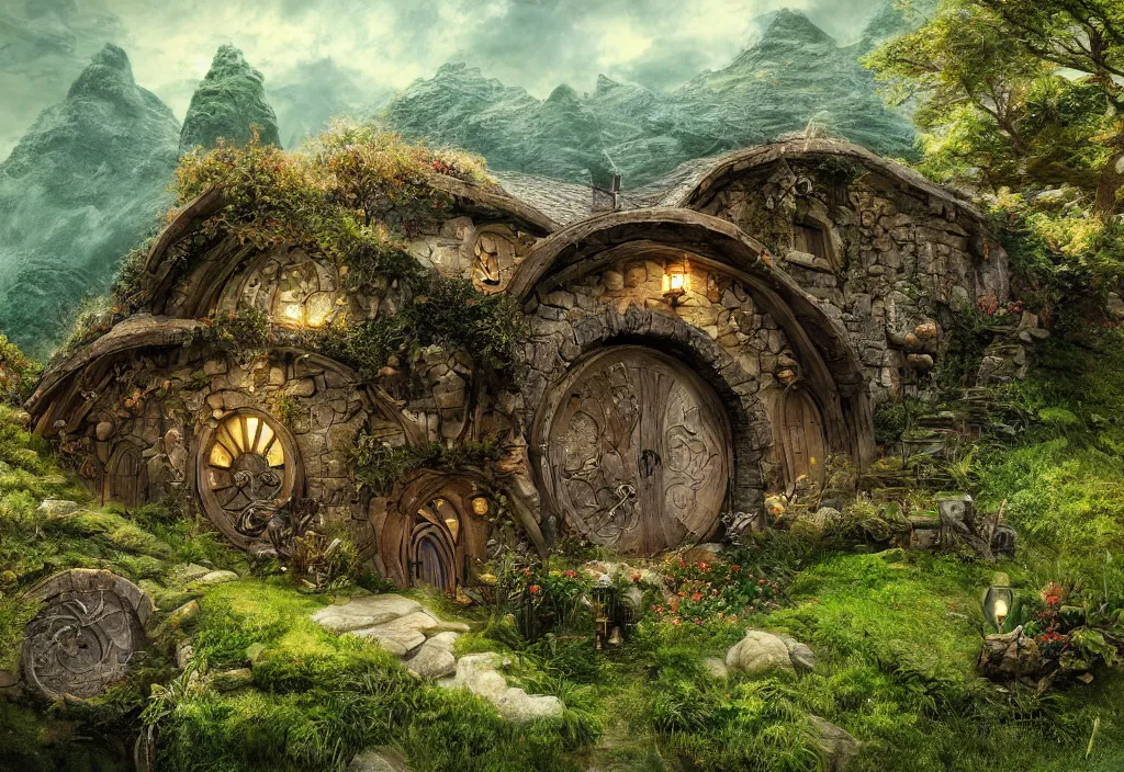 Image similar to the hobbit home, digital art, high detail