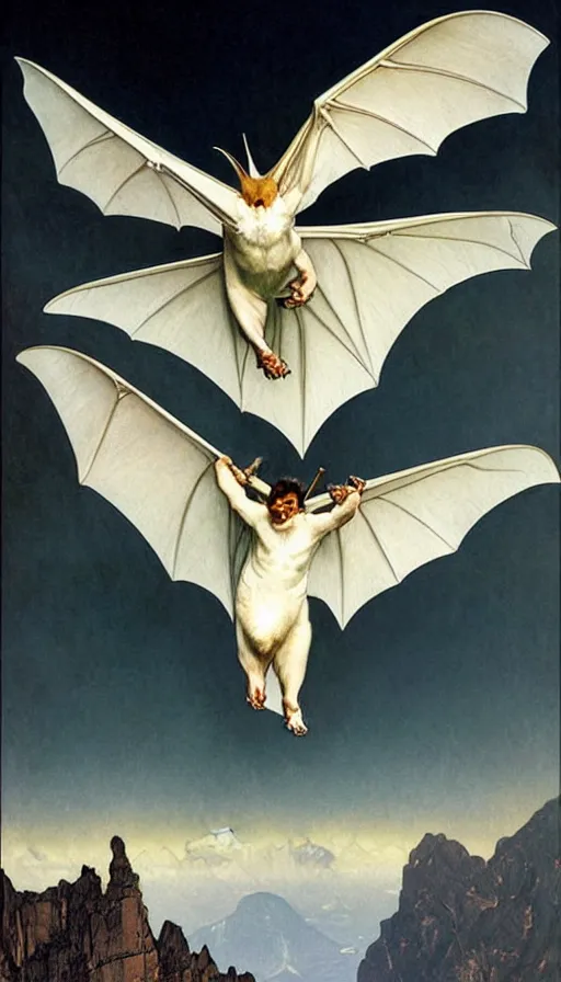 Image similar to hyper realistic white bat, flying against a dark black night sky, mountain in the background, moonlight, denoised, very detailed, painted by james gurney, alphonso mucha, norman rockwell, tom bagshaw