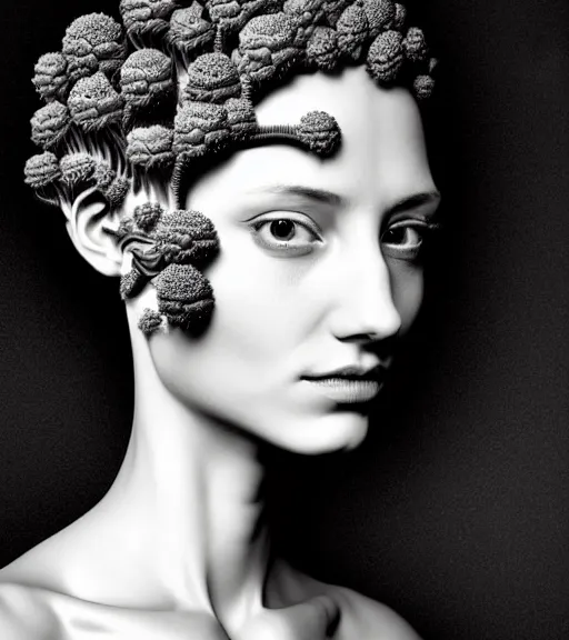 Image similar to dark background, a black and white high quality dreamy photo of a young beautiful female queen-vegetal-cyborg bust with a very long neck and delicate Mandelbrot fractal face, anatomical, facial muscles, veins, arteries, elegant, highly detailed, flesh highly baroque ornate, hair are curled wired cables, elegant, poetic, soft, dreamy, mysterious, high fashion, rim light, in the style of Ellen von Unwerth, Realistic, Refined, Digital Art, Highly Detailed, Cinematic Lighting, rim light, black and white, photo-realistic, 8K