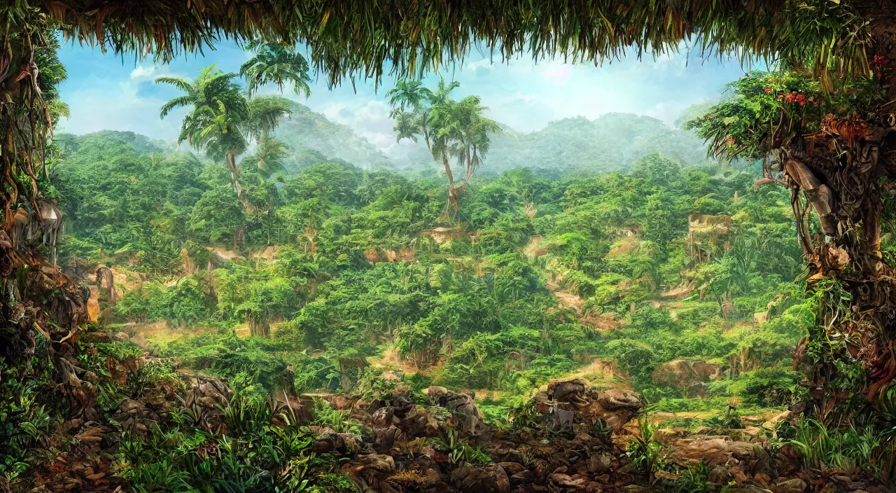 Image similar to close zouk fabric wall fortress countryside jungle dirt a spectacular view cinematic illustration by john kirby