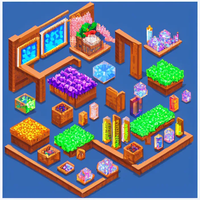 Prompt: isometric pixel art of a small market stall selling magical crystals