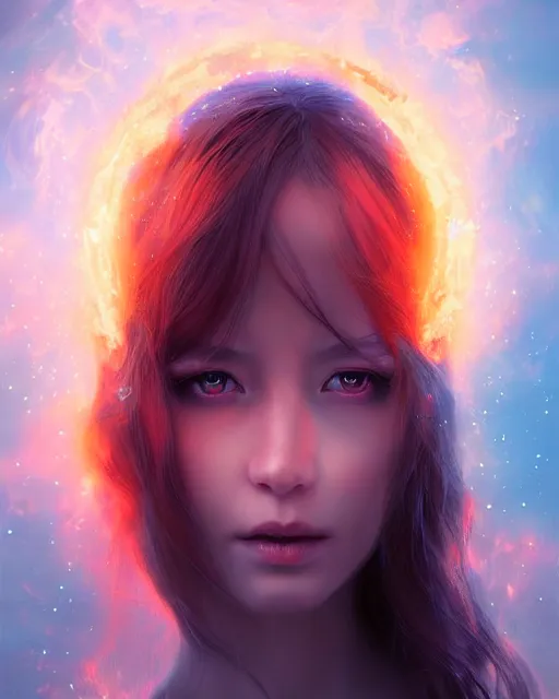 Prompt: Portrait of fire princess cloaked in ethereal glowing aura of light, fantasy portrait by wlop and artgerm, deviantart, sparkling photorealism