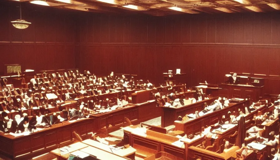 Image similar to full color still of a courtroom of law in the Meiji era Tokyo, 150mm lens by Akira Kurosawa, 1980 cinematography