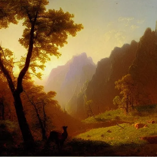 Image similar to scenic landscape of a valley at dawn, Albert Bierstadt, inspiring, realistic painting