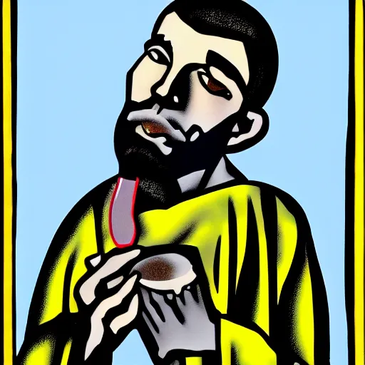 Prompt: pop art of a monk drinking wine