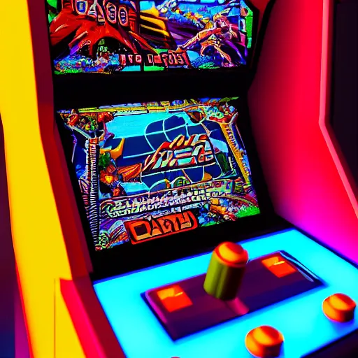 Image similar to 1990s arcade machine, octane render, unreal engine, digital art, Artstation, Trending on Artstation, Artstation HQ, Artstation HD, cgsociety, Pinterest, 8k , close up to the screen, wide angle, godrays, volumetric, reflections, cinematic, epic, creative, coherent, 3D Render,